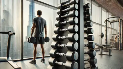 AI-powered fitness tracker in a gym with Burj Khalifa in the background