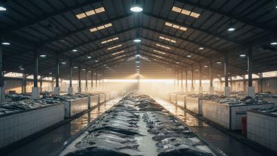 Ajman fish market at dawn: rows of metal-and-tile stalls under a covered hall with hanging fluorescent lights and beams of golden morning light, with glistening wet fish on ice beds across the stalls