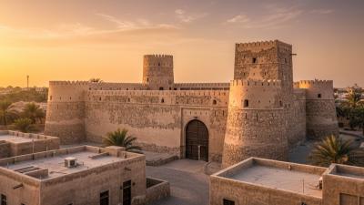 Ajman Fort housing the Ajman Museum at golden hour: weathered tan-and-beige coral-stone fort with two distinctive watchtowers (one round, one square), thick crenellated walls, and a heavy carved wooden gate