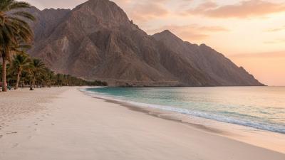 Al Aqah Beach in Fujairah at sunrise: empty east-coast white-sand beach with calm turquoise Gulf-of-Oman water and the rugged steep brown peaks of the Hajar Mountains rising dramatically directly behind the beach, soft pink and amber dawn light across the sky