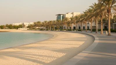 Al Bateen Beach at golden hour: a calm sheltered cove of soft white sand and shallow turquoise water in central Abu Dhabi, with a paved promenade running alongside lined by date palms and low-rise modern buildings