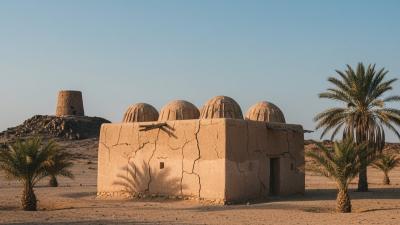 Al Bidya Mosque in Fujairah at golden hour: a small ancient mud-brick mosque with weathered tan plastered walls and four small distinctive domes constructed from leaning palm trunks, with a single round watchtower visible on a hill in the background, framed by a few low palm trees