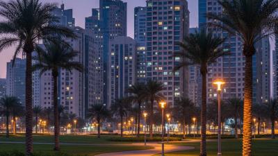 Al Wahda Park at dusk in central Abu Dhabi: a paved running path curves through a compact green neighbourhood park lit by warm street lamps, with modern mid-rise residential apartment towers forming the dense skyline against a deep blue dusk sky
