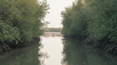 Kayak POV through Al Zorah's mangrove channels in Ajman: dense grey-green Avicennia marina mangroves rise on both sides, with pink flamingos wading in the lagoon visible through a gap in the distance