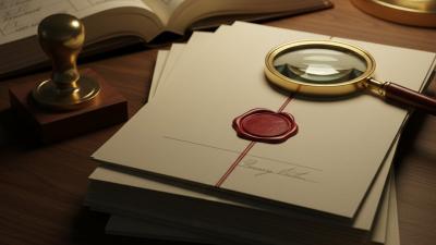Conceptual editorial still-life on dark walnut of a stack of formal certificate papers with a deep-red wax seal, a brass ink stamp, a polished magnifying glass, an open notary register and a fountain pen with a brass nib lit by a single warm desk lamp