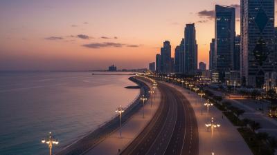 Aerial dusk view of the Abu Dhabi Corniche: the long paved running track and beachfront promenade curve into the distance with warm street lamps lit alongside the path, the calm Arabian Gulf to one side and the modern city skyline of glass towers to the other under a golden-pink-to-deep-blue sky