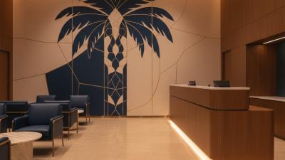 Modern UAE business-banking branch interior with polished wood reception counter, warm lighting, and stylised palm-tree wall mural