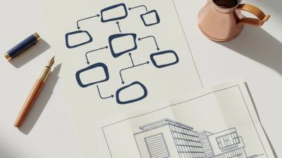 Editorial flat-lay of a stylised business-setup decision flow-chart with a fountain pen and dallah coffee pot