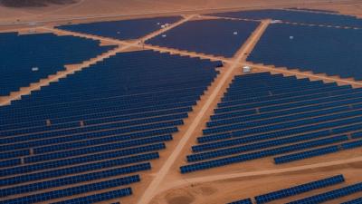 Aerial view of a vast desert solar farm at golden hour with thousands of dark blue solar panels in geometric rows stretching to the horizon and rocky mountains in the deep background
