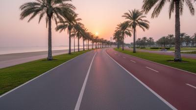 Sunrise on the Abu Dhabi Corniche running track: a wide paved jogging lane separated from a parallel red cycling lane by a planted strip with date palms, with the Arabian Gulf and beach visible to the left