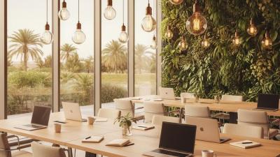 Stylish coworking space interior in Dubai at mid-morning with natural-wood work tables, designer chairs, and a wall of green plants