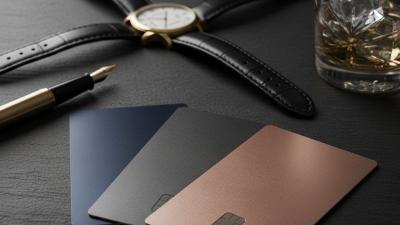 Editorial luxury still-life on a dark slate surface of three premium-looking generic metallic credit cards in midnight blue, brushed graphite and rose-gold matte finishes fanned in a soft angled stack, a brushed-brass mechanical watch with leather strap, a fountain pen and an etched glass tumbler