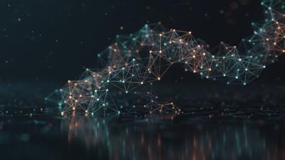 Conceptual blockchain network with glowing geometric nodes and lines in muted teal and orange against a dark cinematic background