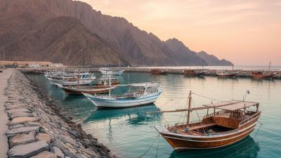 Dibba fishing harbour at dawn: traditional wooden Arabian dhow boats moored alongside a stone jetty in calm turquoise Gulf-of-Oman water, with the rugged steep brown peaks of the northern Hajar Mountains rising directly behind the harbour and soft pink-and-amber dawn light