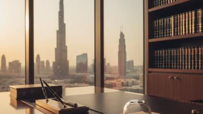 Eye-level view of a modern DIFC lawyer's office at golden hour with a polished dark-wood desk, leather-bound legal volume, brass pen tray and a signed-looking document under a glass paperweight, with a window showing the Burj Khalifa silhouette and shelves of legal volumes