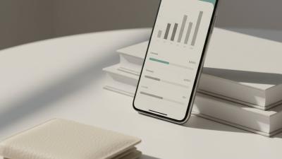 A smartphone showing a generic abstract banking app interface with bar charts, propped against minimalist hardback books, with a leather wallet and contactless card on a clean off-white surface