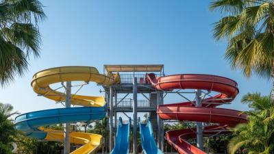 Tall colourful waterpark slide complex at Dreamland Aqua Park in Umm Al Quwain: yellow, blue, and red curving fibreglass slides twist down a tall steel tower into turquoise pools, framed by green palms against a clear blue sky