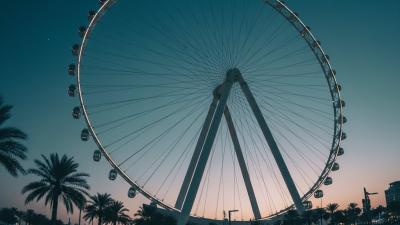 Ground-up wide-angle view of Ain Dubai, the world's tallest observation wheel, framed by palm silhouettes against a teal twilight sky on Bluewaters Island