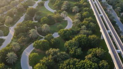 Aerial view of Al Ittihad Park, a green corridor of native UAE plants and date palms running alongside the Palm Monorail track on Palm Jumeirah, Dubai