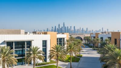 Dubai Internet City at mid-morning with low-rise modern tech-park office buildings, manicured lawns, palm trees, and the Dubai Marina towers silhouetted on the horizon