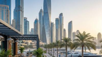 Eye-level view of Dubai Marina with the twisting Cayan Tower, modern glass towers, and a coworking-style cafe terrace in the foreground