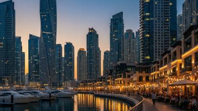 Dubai Marina Walk at dusk: illuminated restaurant terraces glow along the canal as moored yachts and the curved Cayan Tower reflect on the water