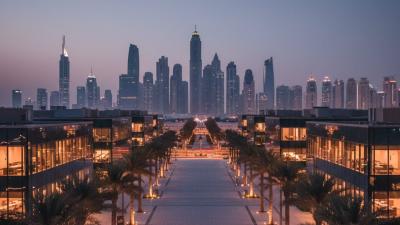 Dubai Media City at evening with low-rise glass-fronted office buildings glowing warm interior light, a wide pedestrian plaza with palm trees, and the Dubai Marina skyline in the background