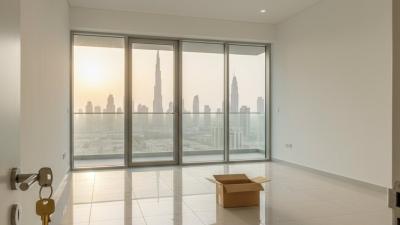 Empty modern Dubai apartment freshly handed over — polished tile floor, floor-to-ceiling windows showing the Burj Khalifa and Dubai skyline at golden hour, a single moving box on the floor, brass keys hanging from the door lock in the foreground.