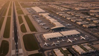 Aerial view of Al Maktoum International Airport and the Dubai South aerotropolis at golden hour with parallel runways, terminals, and cargo apron