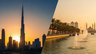 Dubai skyline with Burj Khalifa at sunset contrasted with the Sharjah Al Majaz waterfront and Khalid Lagoon.