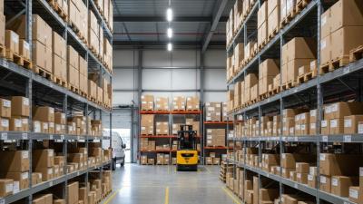 Modern e-commerce fulfilment centre with neatly stacked plain brown cardboard boxes on warehouse shelving, a forklift in the background, and a loading bay with a delivery van silhouette