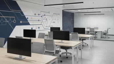 Modern UAE office HR department interior with rows of empty desks, a glass meeting room, and a stylised abstract organisational chart on the wall
