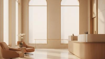 Quiet modern UAE bank-branch lobby at late morning with cream marble floor, pale-wood and brushed-brass curved customer counter, two leather armchairs, a stone planter with a single white orchid and tall arched windows pouring soft daylight