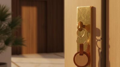 Cinematic close-up of a single brass key inserted into the lock of an elegant pale-oak front door of a UAE villa at golden hour with a leather keyring and small wooden tag, soft warm interior light spilling through the slightly ajar door