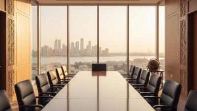 Private wealth management boardroom in Abu Dhabi at golden hour with a polished mahogany table, leather executive chairs, geometric Arab-Islamic wall panelling, and the Corniche skyline through the windows
