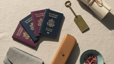 Conceptual editorial overhead photograph on linen of four generic-cover passports fanned diagonally, a small stack of certificate papers tied with string, a brass house key with a green tag, two reading-glasses cases and a ceramic dish with dried rose petals