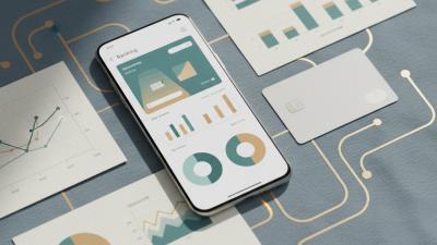 Conceptual fintech editorial flat-lay with a smartphone showing a generic banking app, a contactless card, network-line graphics in muted gold, and bar-chart printouts on soft grey-blue surface