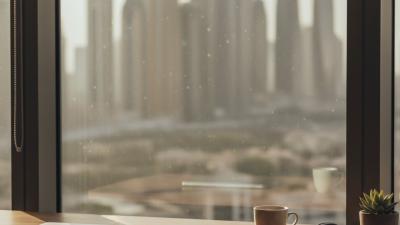 Eye-level view of a Dubai-style coworking corner at late morning with an empty desk, closed laptop, leather notebook, fountain pen, white ceramic coffee cup and over-ear headphones, by a window with bokeh of distant Marina towers