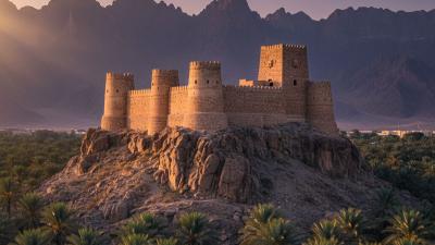 Fujairah Fort at sunset: an old restored sandstone fort with three round corner towers and one square tower rising above thick crenellated curtain walls in warm tan and ochre stone, perched on a rocky hill above date palm groves with the rugged eastern Hajar Mountains rising in the deep background