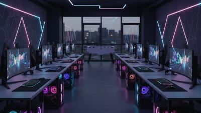 Modern gaming studio interior at evening with empty gaming desks, curved monitors, mechanical keyboards, RGB backlighting, and abstract digital-art wall panels