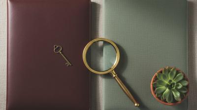 Editorial overhead split-composition on linen of a deep-burgundy leather document folder with a brass key on the left and a sage-green folder with a terracotta-pot succulent on the right, with a brushed-brass magnifying glass laid centrally between them