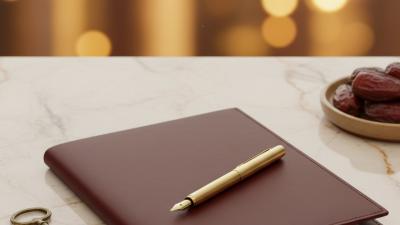 Editorial luxury still-life on cream marble with a deep-burgundy leather document folder, brushed-gold fountain pen, brass key and a small dish of dates, with bokeh of a distant city skyline at golden hour