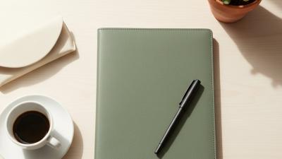 Editorial flat-lay on pale ash wood of a sage-green leather document folder, slim matte-black fountain pen, terracotta-pot succulent, folded reading-glasses case and a white ceramic coffee cup