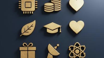 Editorial flat-lay of eight stylised sector icons on a deep navy-blue surface