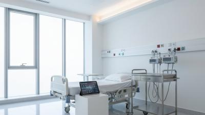 Modern Dubai hospital ward interior with clean white walls, polished floor, modern medical equipment, and a tablet showing a generic abstract patient-data interface