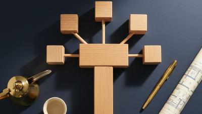 Conceptual flat-lay on deep navy of wooden block boxes connected to suggest a corporate holding-company tree structure, with a fountain pen, blueprint, and dallah coffee pot