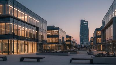 Modern ADGM Square plaza on Al Maryah Island in Abu Dhabi at evening with low-rise office buildings glowing warm interior light