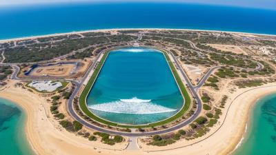 Aerial view of Hudayriyat Island in Abu Dhabi at midday: a sandy beach curves along the Arabian Gulf with the rectangular blue oval of an artificial surf-park lagoon visible inland, surrounded by paved cycle paths winding through coastal scrubland