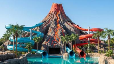 Iceland Water Park in Ras Al Khaimah: a large artificial volcano centrepiece in fibreglass-and-stone with simulated black-and-red lava streaks, with several enclosed water-slide tubes (blue, turquoise, red) winding down its sides into a turquoise pool below