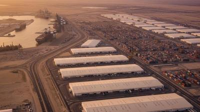 Aerial view of Jebel Ali Free Zone (JAFZA) at golden hour with vast warehouses, container stacks, and Jebel Ali Port cranes silhouetted against a warm sky